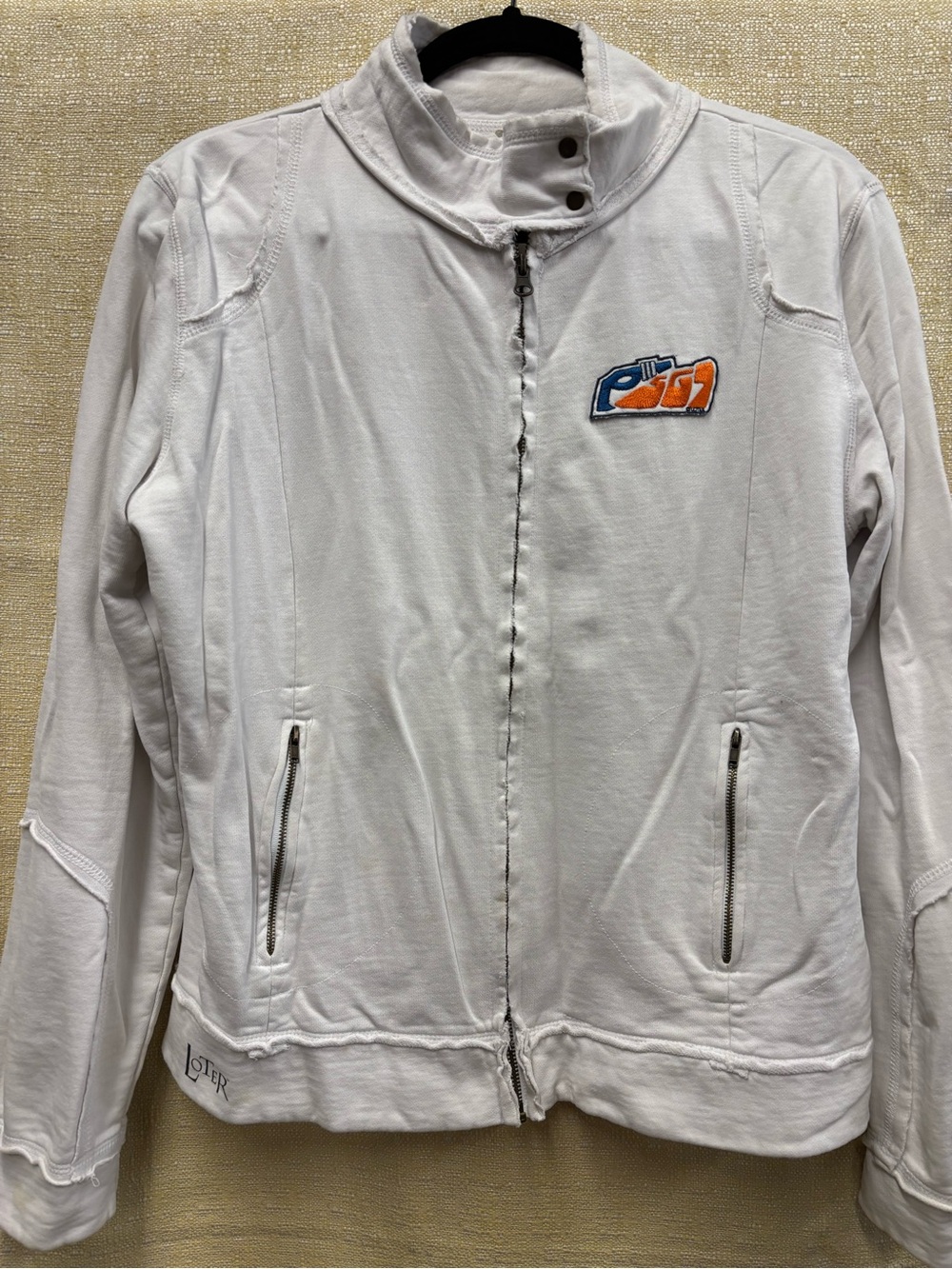 John loter good girl Women’s White Zip-Front Bomber Jacket with Embroidered Patc